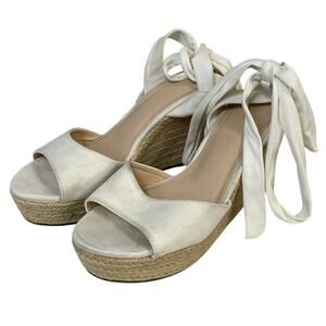 Fashare Womens Size 9 White Faux Suede 4" Wedge Heel Espadrille Ankle Wrap Shoes